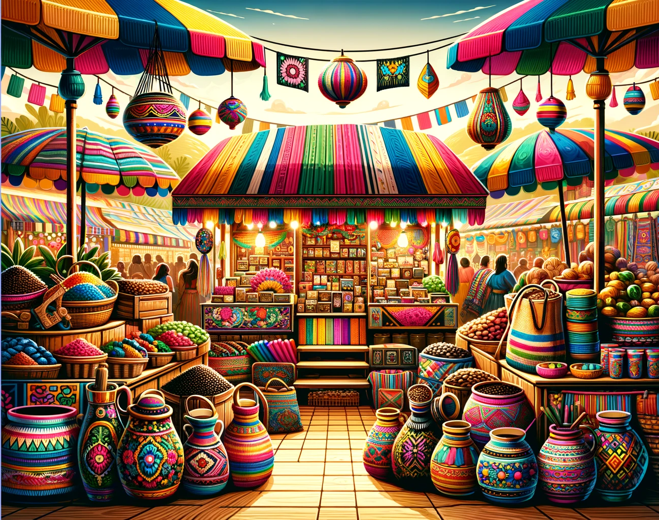 DALL·E 2023 12 15 21.57.21 Create another vibrant and colorful open air market scene specifically showcasing Colombian culture for a website hero header. The market is filled e1702699233978